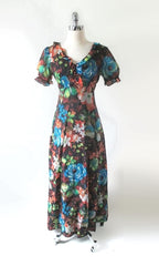 Vintage 70's Floral Chiffon Maxi Dress Party Gown S
