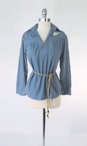 Vintage 70's Chambray Embroidered Peasant Festival Top S