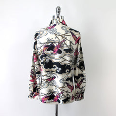 vintage 70s silky nylon hot pink birds flowers dagger collar disco womens shirt top blouse bombshell bettys vintage back