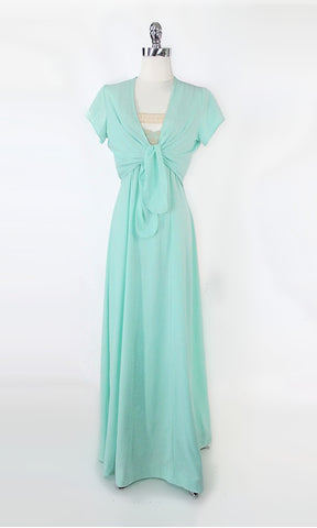 Vintage 70s Mint Crochet Party Dress & Cropped Tie Top Set M