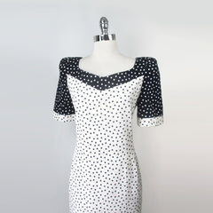 vintage 80s Carolina Herrera blue white polka dot day dress L bodice