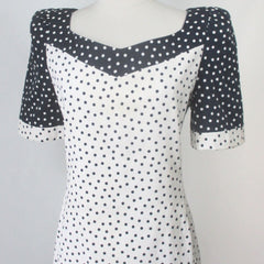 vintage 80s Carolina Herrera blue white polka dot day dress L detail