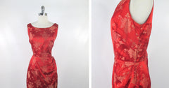 Vintage 60s 50s Red Satin Andrade Hawaiian Sarong Dress M