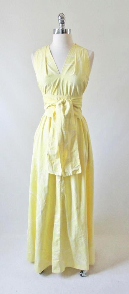 Vintage 70's Sweeping Maxi Dress Matching Obi Sash Gown L - Bombshell Bettys Vintage