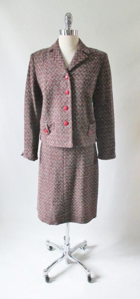 Vintage 60's Red Black White Fleck / Tweed Skirt Jacket Suit Set M - Bombshell Bettys Vintage