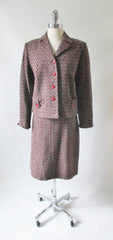 Vintage 60's Red Black White Fleck / Tweed Skirt Jacket Suit Set M - Bombshell Bettys Vintage