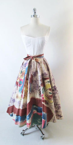 Vintage 50's Hand Painted Aztec Warrior Circle Souvenir Skirt M / L