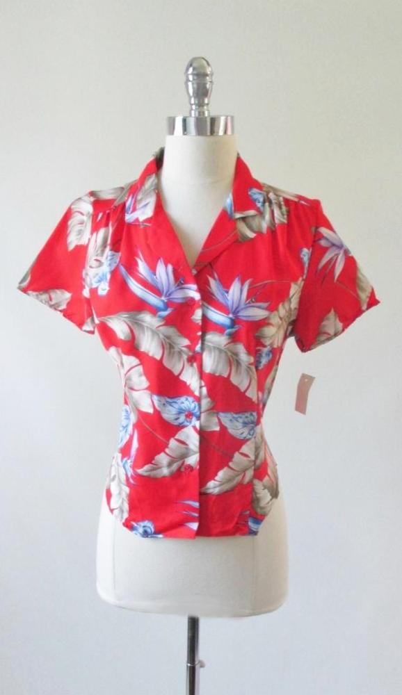 Vintage 80's Red Rayon Hawaiian Flower Top Blouse NOS M - Bombshell Bettys Vintage