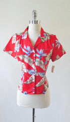 Vintage 80's Red Rayon Hawaiian Flower Top Blouse NOS M - Bombshell Bettys Vintage
