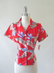 Vintage 80's Red Rayon Hawaiian Flower Top Blouse NOS M - Bombshell Bettys Vintage