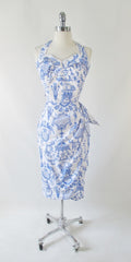 Bernie Dexter High Tea Blue White Pinup Halter Dress L - Bombshell Bettys Vintage