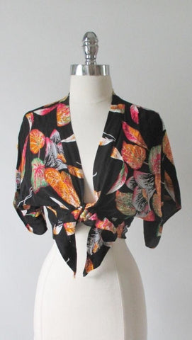Vintage 70's Rayon Hawaiian Tie Kimono Crop Top Blouse Shirt