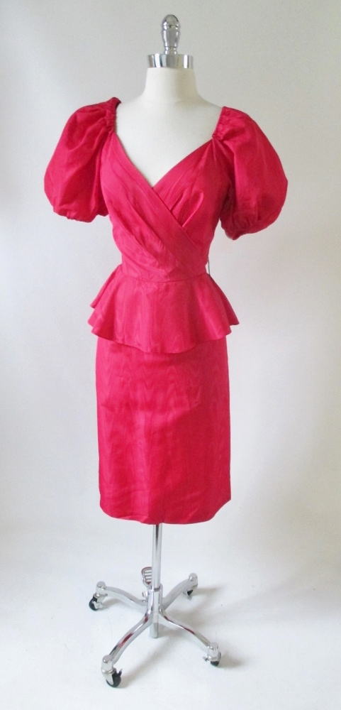 Vintage 80's Red Moire Taffeta Puff Sleeve Peplum Sheath Dress M - Bombshell Bettys Vintage
