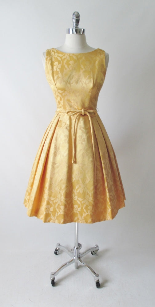 Vintage 60's Gold Damask Satin Full Skirt Party Dress M - Bombshell Bettys Vintage