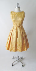 Vintage 60's Gold Damask Satin Full Skirt Party Dress M - Bombshell Bettys Vintage
