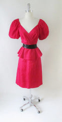 Vintage 80's Red Moire Taffeta Puff Sleeve Peplum Sheath Dress M - Bombshell Bettys Vintage