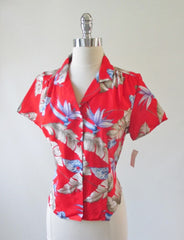 Vintage 80's Red Rayon Hawaiian Flower Top Blouse NOS M - Bombshell Bettys Vintage