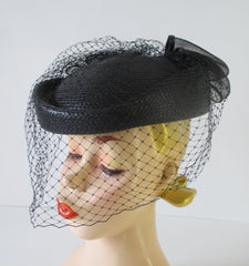 Vintage 80's Black Straw Pillbox Hat Big Bow Netted Veil - Bombshell Bettys Vintage