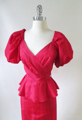 Vintage 80's Red Moire Taffeta Puff Sleeve Peplum Sheath Dress M - Bombshell Bettys Vintage