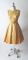 Vintage 60's Gold Damask Satin Full Skirt Party Dress M - Bombshell Bettys Vintage