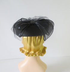 Vintage 80's Black Straw Pillbox Hat Big Bow Netted Veil - Bombshell Bettys Vintage