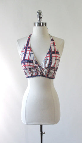 • Vintage 70's Hearts & Flowers Red White Blue Lace Up Halter Top / One Size