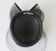 Vintage 80's Black Straw Pillbox Hat Big Bow Netted Veil - Bombshell Bettys Vintage