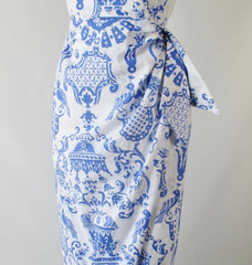 Bernie Dexter High Tea Blue White Pinup Halter Dress L - Bombshell Bettys Vintage