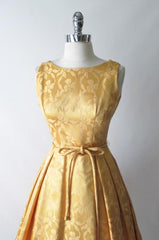 Vintage 60's Gold Damask Satin Full Skirt Party Dress M - Bombshell Bettys Vintage