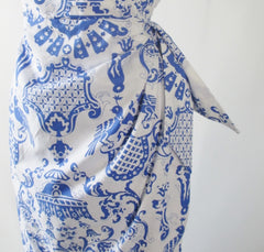 Bernie Dexter High Tea Blue White Pinup Halter Dress L - Bombshell Bettys Vintage