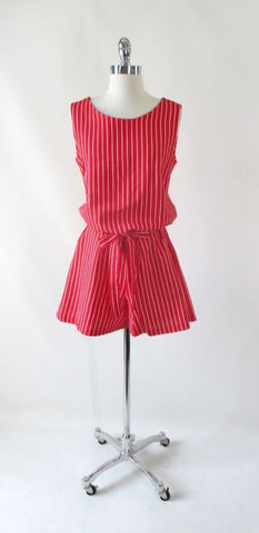 Vintage 60's Red & White Stripe Canvas Romper Shorts L