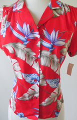 Vintage 80's Red Rayon Hawaiian Flower Top Blouse NOS M - Bombshell Bettys Vintage