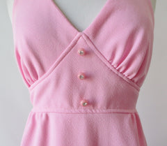 Vintage 70's Soft Pink Halter Dress Rhinestone Button Maxi Gown S - Bombshell Bettys Vintage