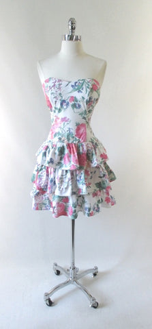 • Vintage 80's 90's Garden Flowers Strapless Mini Dress XS