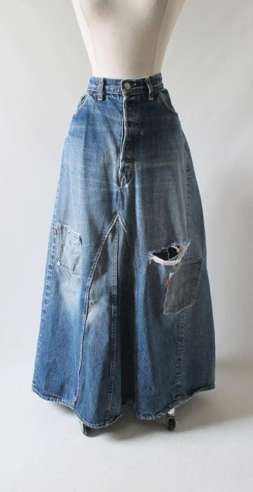 Vintage Big E Jeans Handmade Levis Hippie Maxi Skirt XL XXL - Bombshell Bettys Vintage