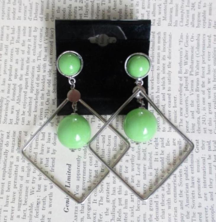 Vintage 80's Big Lime Green Diamond Dangle New Wave Glam Earrings - Bombshell Bettys Vintage