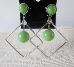 Vintage 80's Big Lime Green Diamond Dangle New Wave Glam Earrings - Bombshell Bettys Vintage