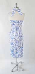 Bernie Dexter High Tea Blue White Pinup Halter Dress L - Bombshell Bettys Vintage