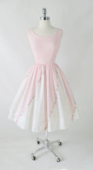 Vintage 50's Pink & White Embroidered Flower Fit & Flair Party Dress S - Bombshell Bettys Vintage