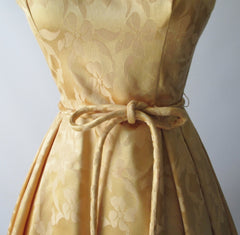 Vintage 60's Gold Damask Satin Full Skirt Party Dress M - Bombshell Bettys Vintage