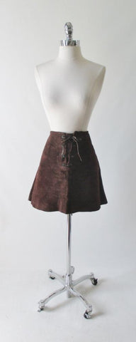 Vintage 60's 70's Brown Suede Leather Lace Front Mini Skirt M