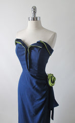 Vintage 50's Navy Blue Chartreuse Roses Strapless Sheath Dress & Wrap M - Bombshell Bettys Vintage