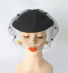 Vintage 40's Style Black Bow Veil Wool Hat - Bombshell Bettys Vintage