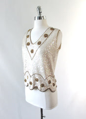 Vintage 50's 60's Sequins & Beaded Flowers Wool Tank / Shell Top M - Bombshell Bettys Vintage