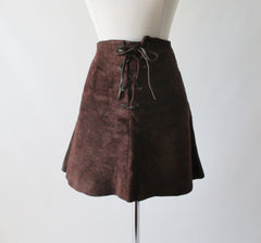 Vintage 60's 70's Brown Suede Leather Lace Front Mini Skirt M - Bombshell Bettys Vintage