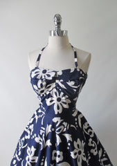 Vintage 50's 60's Blue Hawaiian White Print Full Swing Skirt Dress - Bombshell Bettys Vintage
