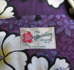 Mens Vintage Hilo Hattie Purple Hibiscus Barkcloth Hawaiian Shirt XL - Bombshell Bettys Vintage