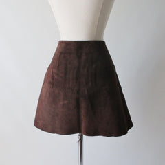 Vintage 60's 70's Brown Suede Leather Lace Front Mini Skirt M - Bombshell Bettys Vintage