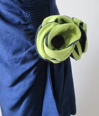 Vintage 50's Navy Blue Chartreuse Roses Strapless Sheath Dress & Wrap M - Bombshell Bettys Vintage