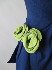 Vintage 50's Navy Blue Chartreuse Roses Strapless Sheath Dress & Wrap M - Bombshell Bettys Vintage